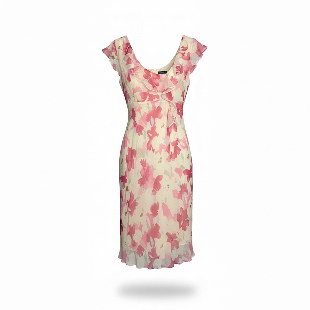 Y2k Robbie Bee 100% Silk pink floral midi dress with ruffles at Top Sz 8